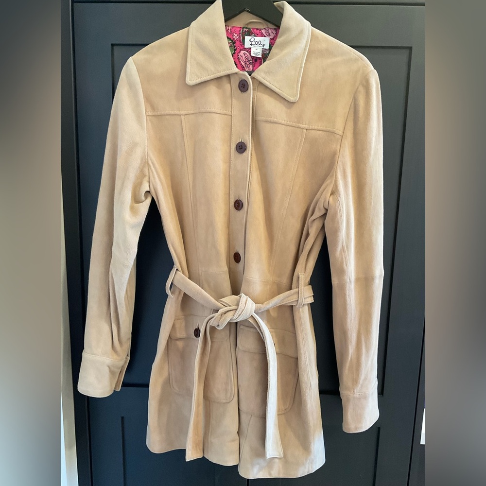 🧥💕 Lilly Pulitzer 100% Lamb Suede Tan Jacket Coat Pink Paisley Lining M EUC